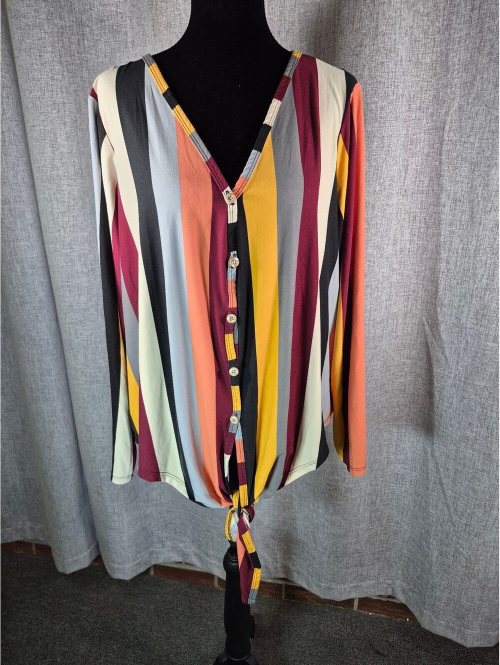 Polly Esther Women’s XL Multicolor Striped Tie Front Long Sleeve Top